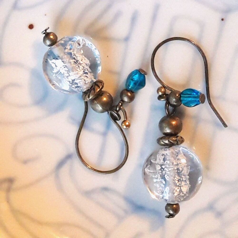 Alternative Romance Blue Glass handmade French Hook earrings Crystalline 511■